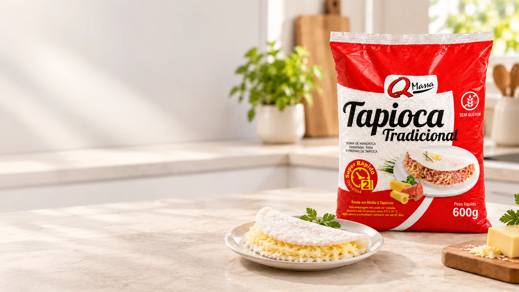 Tapioca Tradicional Q Massa de 600g sobre uma bancada de cozinha clara